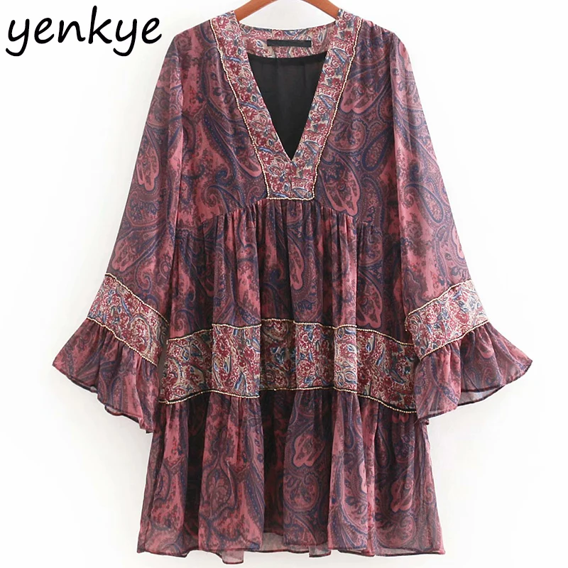 Women Metallic Piping Combined Vintage Printed Dress Lady