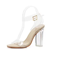 New pattern High-heeled shoes pump With a toe show crystal shoes Transparent thick heel Sandals Women shoes Big code 40
