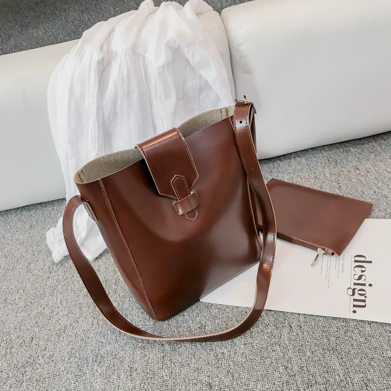 

Vintage Brown Handbag Glossy PU Leather Bucket Tote Composite Bag Lady Clutch Top-handle Joker Shoulder Messenger Crossbody Bags
