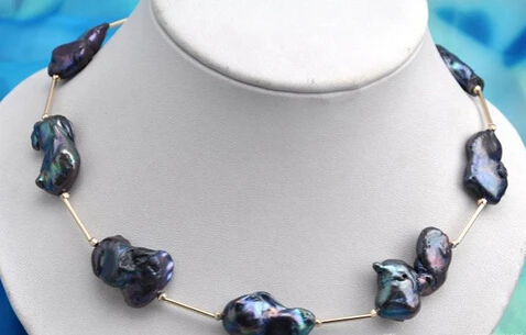 

N1151 baroque black keshi reborn pearl necklace NEW