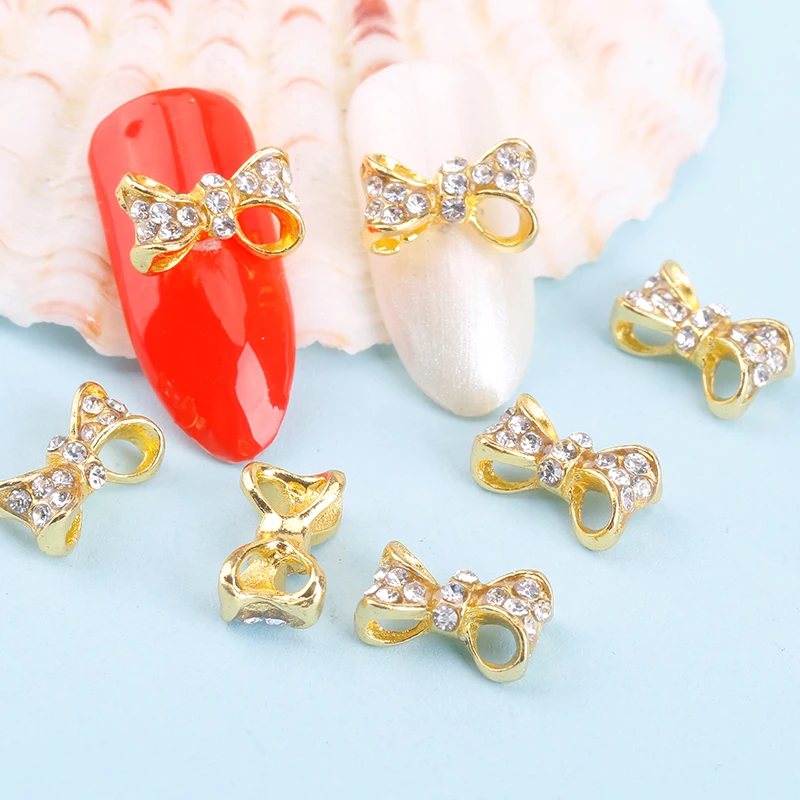

Blueness 10 Pcs Gold Nail Bow 3D Nail Diamond Crystal Rhinestone Alloy Decoration Nail Art Glitters DIY Nail Art Decor