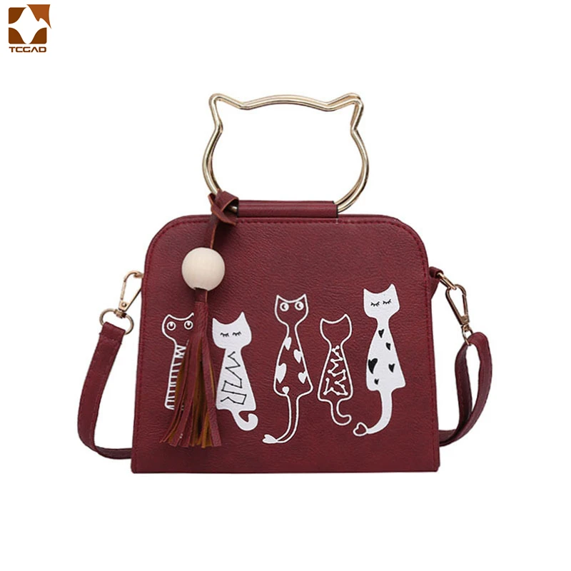 

Women leather handbags Metal cat ear handle fashionable Ms shoulder bag 3D Print cat pictures sac a main femme Messenger bags