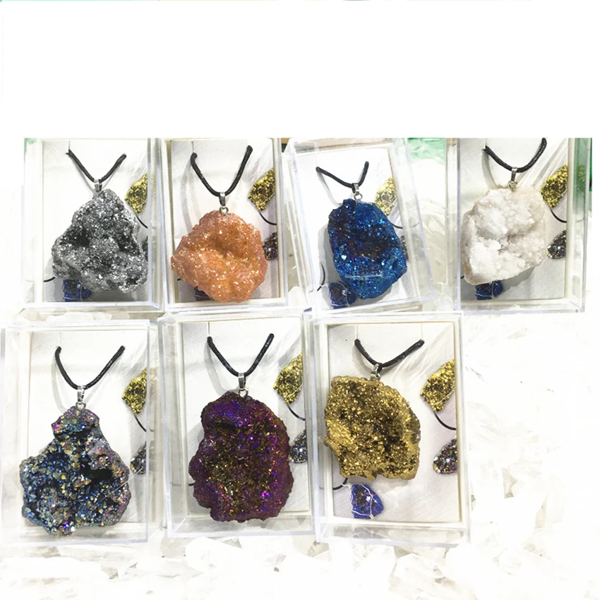 

Natural rainbow electroplated crystal reiki gemstone drusy rock pendant healing as gift