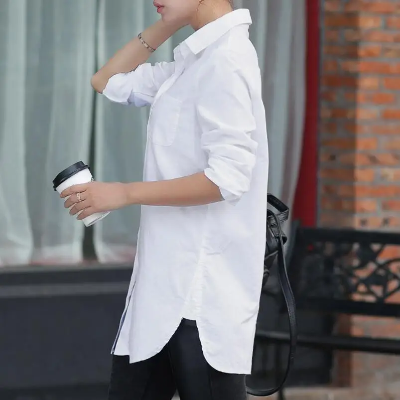 Women White Blouse Female Boyfriend Style Long Sleeve Oversize Shirt Fashion Collar Cotton Tops Casual Loose Shirts
