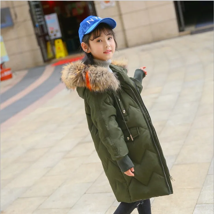 

2018 girl boy real fur hooded down long coat jacket thickening kids big school child 6 7 10 14 Russia winter parkas clothing