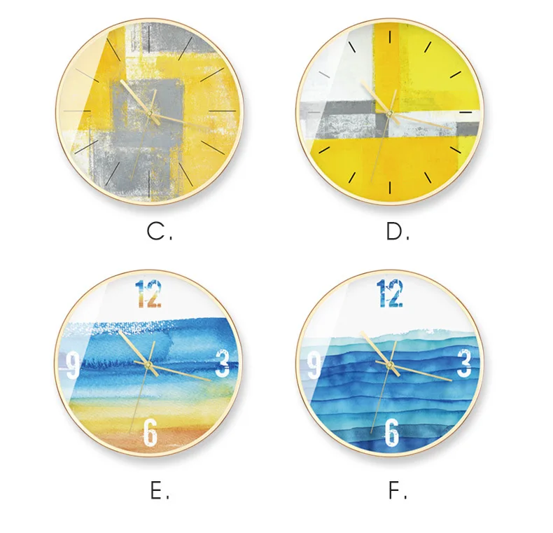 Абстрактные желтые бесшумные металлические круглые декоративные часы Современные популярные великолепные позолоченные декоративные часы clocO14