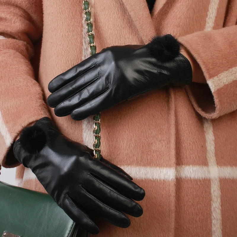 Женские перчатки с сенсорным экраном тонкие модные женские черные варежки для вождения зимние плюс бархатные утолщенные кроличья шерсть
