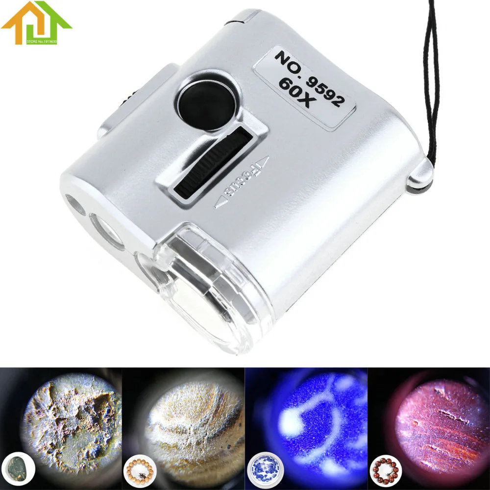 

60X Mini Portable Pocket LED UV Light Microscope Jewelry Magnifier Loupe Glass