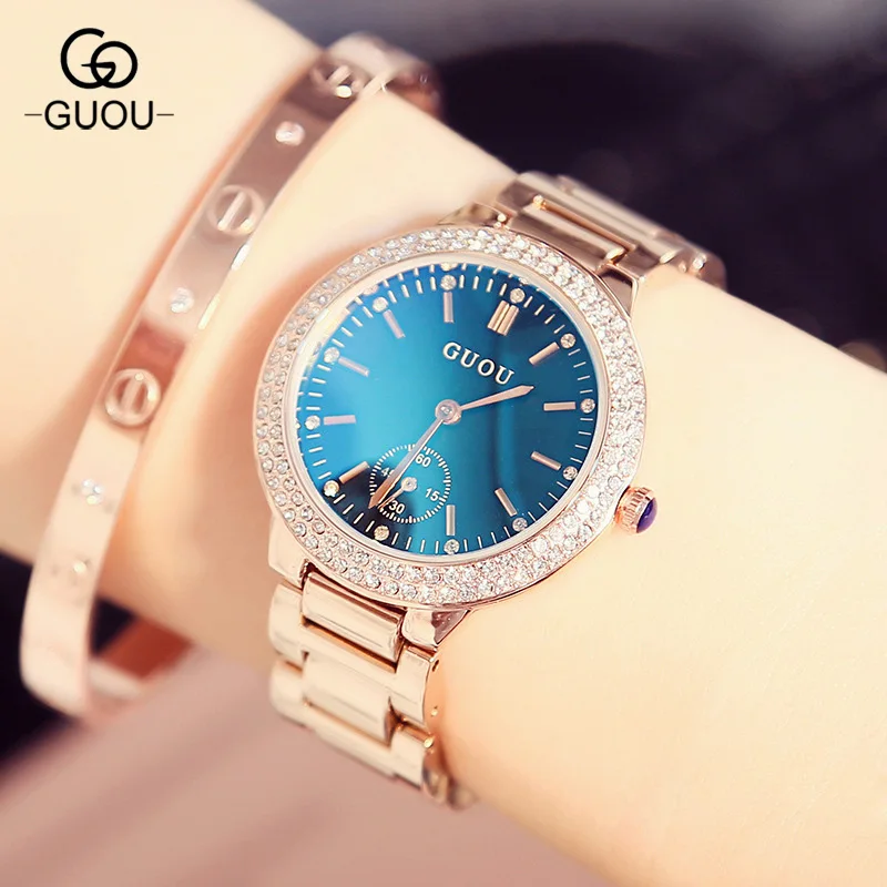 Luxury GUOU Women Watch Rhinestone Crystal Blue Hardlex Dial Lady Dress Wristwatch Clock