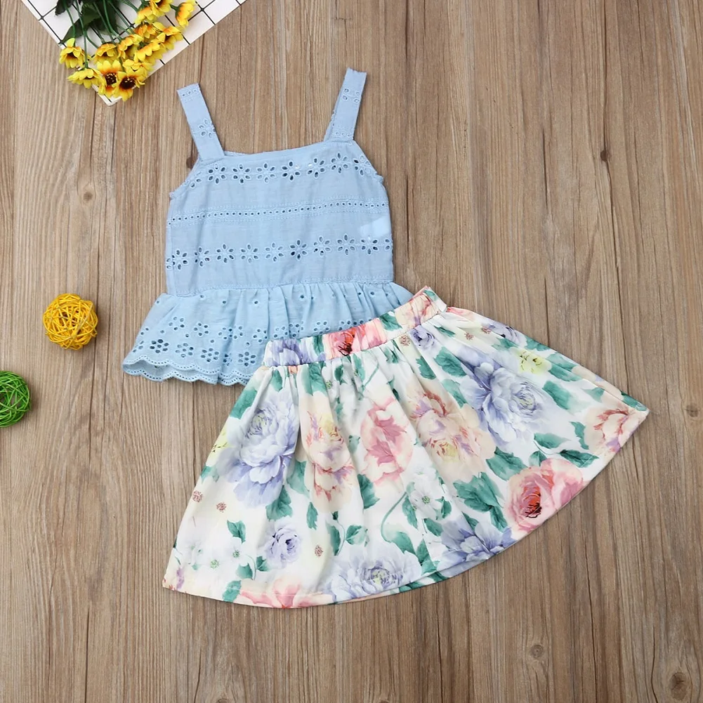 Очаровательные комплекты одежды с цветочным принтом для маленьких девочек, кружевной жилет с От 0 до 5 лет, топы, короткая юбка, комплект одежды