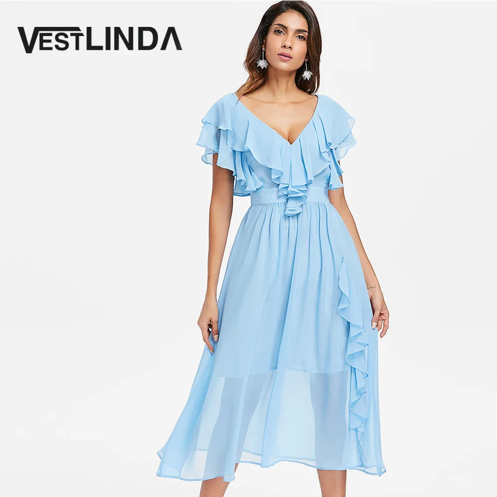 

VESTLINDA Ruffle Deep V Neck Backless Midi Prom Party Dress Women Light Blue Robe Femme A Line High Waist Chiffon Dress Summer