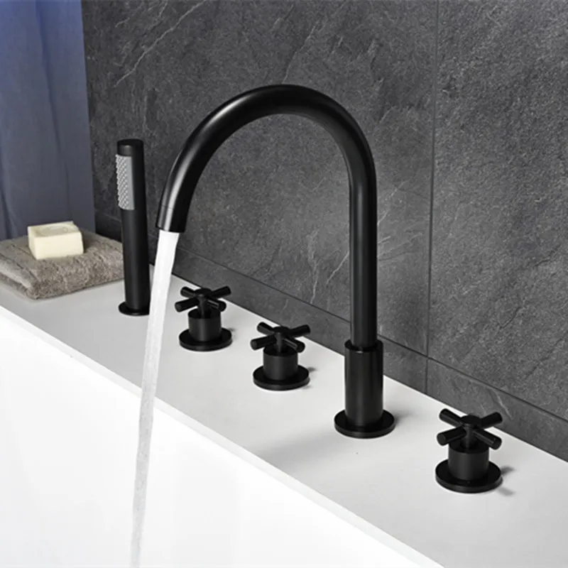 Preise Schwarz Wasserfall Badewanne mixer mit messing hand dusche doppel funktion schwarz bad wasserhahn deck montiert bad dusche wasserhahn MJ04118H