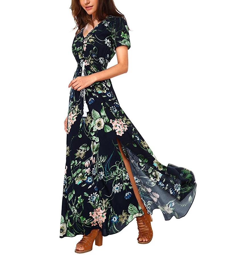 2019 sexy women long maxi dress new v-neck short sleeve floral print loose summer women dress fashion casual party dresses (2)