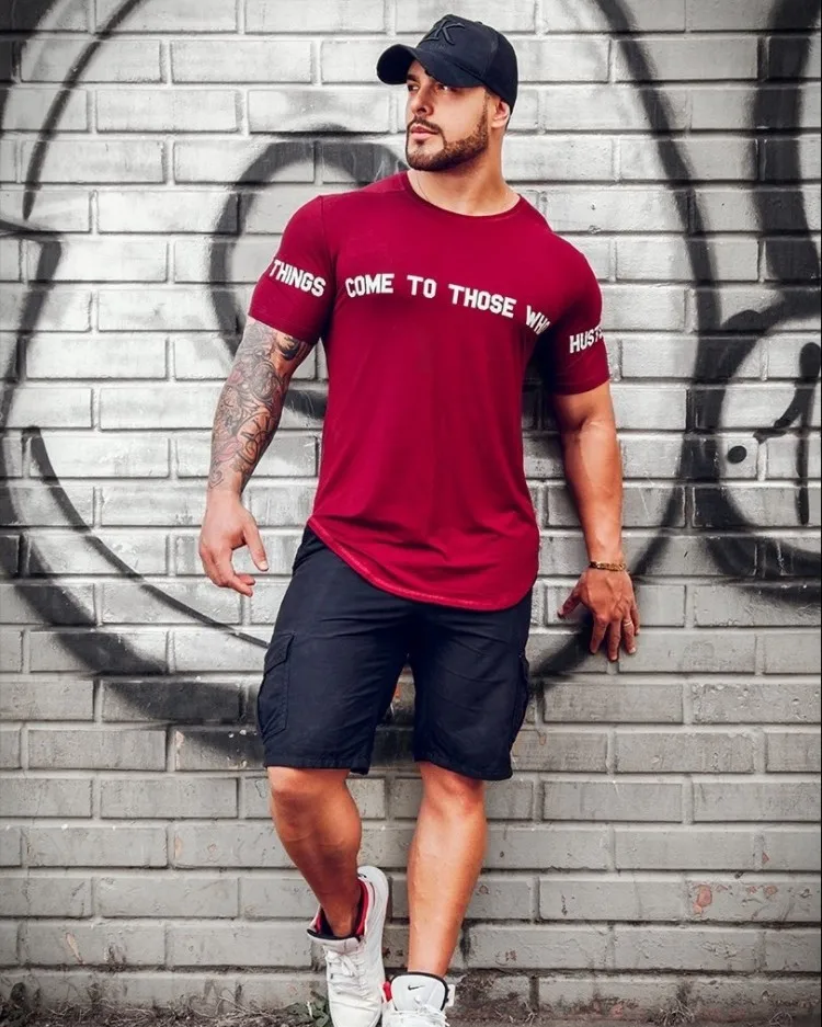 Мужская облегающая футболка с коротким рукавом, для фитнеса, для бодибилдинга, тренажерного зала, для фитнеса, комбинированная хлопковая футболка