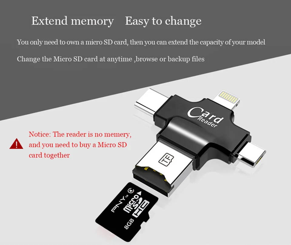 4 в 1 USB/USB 2,0 Тип-c/Micro чтения карт памяти Micro SD Card Reader для android Ipad/iphone 7 плюс 6s5s OTG читатель