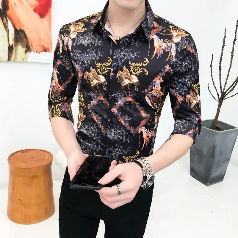

Vintage Flower Men Shirt Half sleeve Fashion Slim Social Shirt for Boys Blouse Men's Clothes Summer Black White