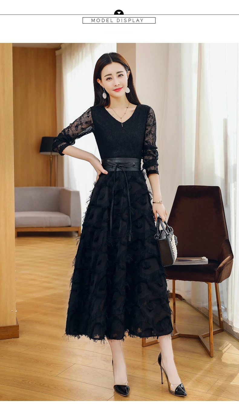 US $28.28 28% OFFSpring Dress for Women Temperament Black Dresses Korean  Lace Long Sleeve V neck Maxi Dress Elegang Party Night Dress Women