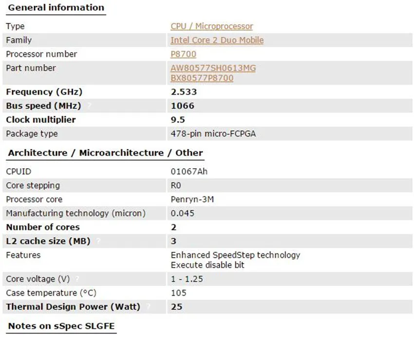 Intel cpu ноутбук Core 2 Duo P8700 cpu Процессор 3 м кэш/2,53 ГГц/1066/двухъядерный процессор для ноутбука