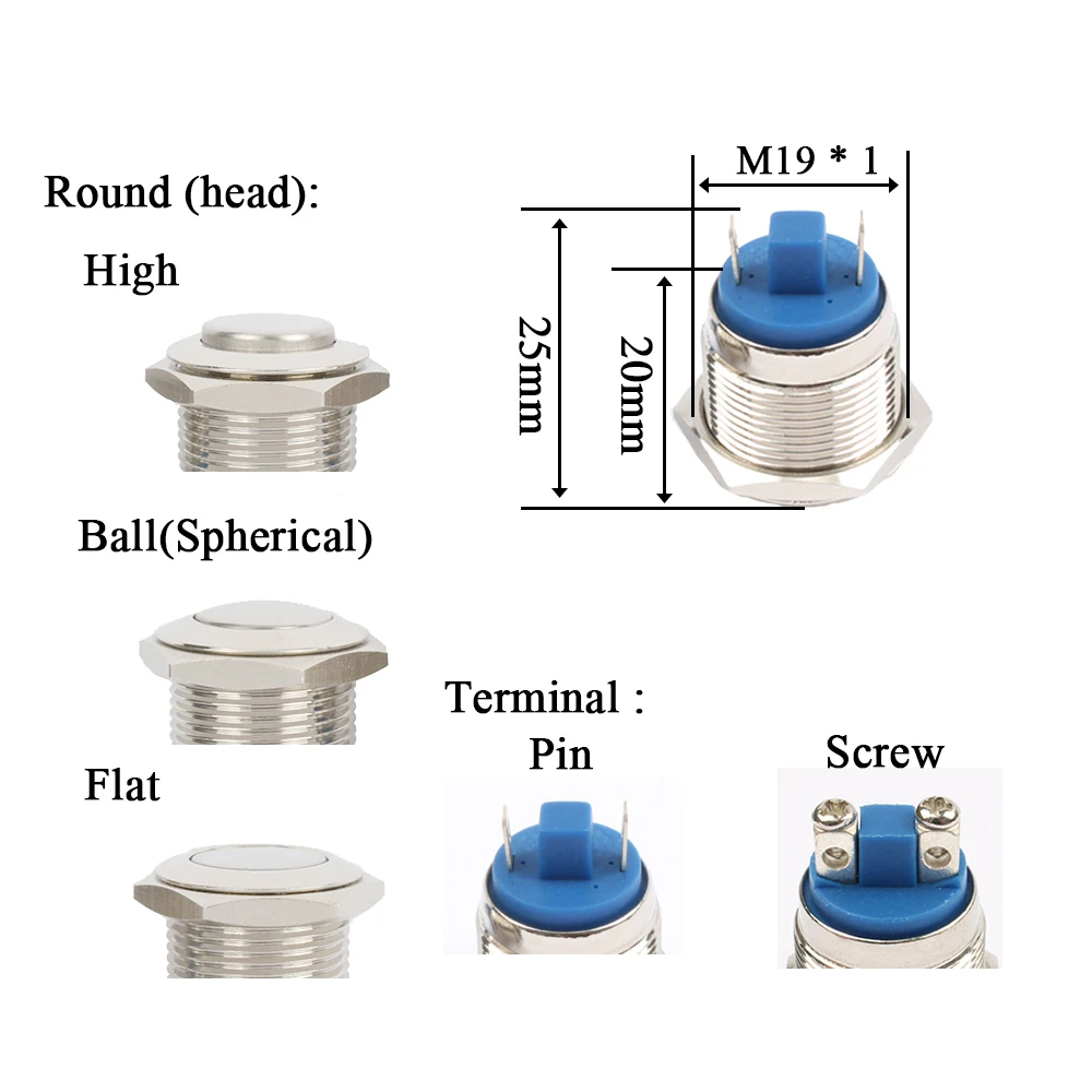 19 мм металлический латунный ХРОМ Сферический плоский высокий круглый кнопочный переключатель купольный мгновенный 1NO автомобильный пресс-кнопка винт/контактный терминал