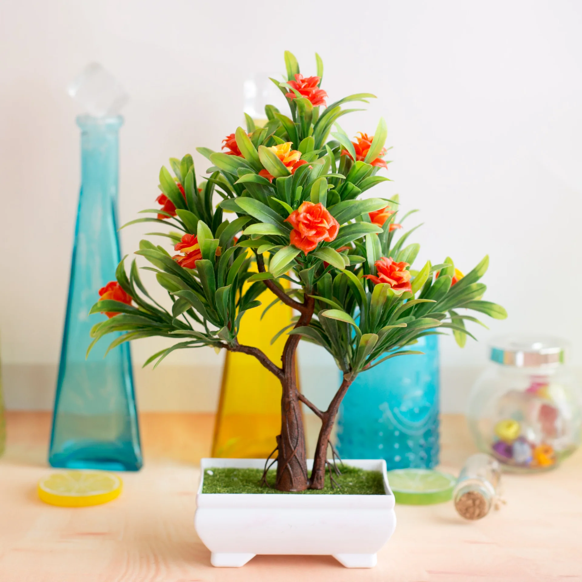 

Artificial Rose Flower Bonsai 16 Flower Heads Plastic Fake Flowers Potted Plant for Home Garden Decoration Supplies AQ131