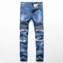 Pure Blud Pleated Patchwork Jeans Men Distressed Slim Elastic Ripped Biker Jeans Classic Mens Hiphop Jeans Denim Overalls Men