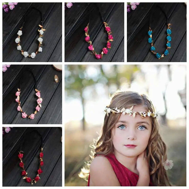 

Rose Flower Baby Headband Gold Leaf Flower Crown Hairband Kids Garland Wreath Elastic Hair Bands Girls Hair Accessories