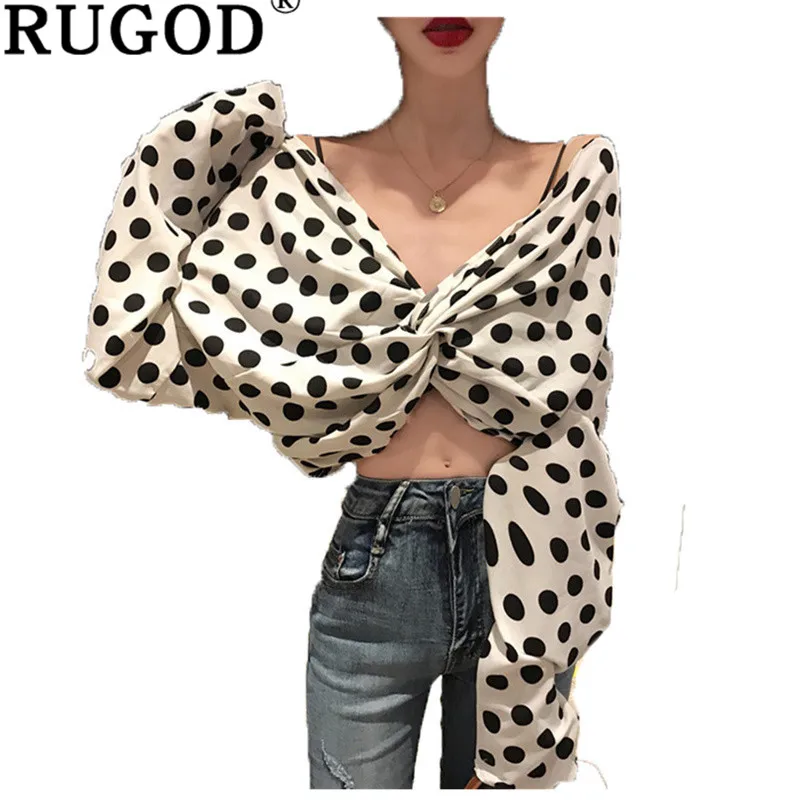 

RUGOD Vintage V Neck polka dot printed white blouse women 2019 Spring new bow short shirts female office wear Elegant sexy tops