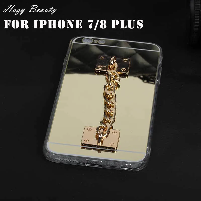 Gold chain mirror case Back Cover for iPhone 7 Plus 1 Pc/lot Soft TPU Woman Girl Golden |