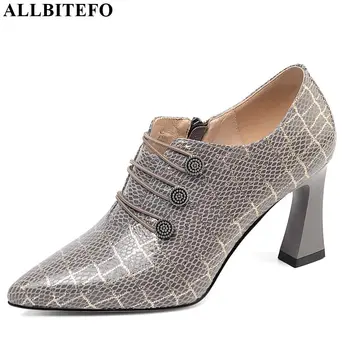

ALLBITEFO natural buckle genuine leather women heels charming leisure ladies girl high heel shoes new spring autumn high heels