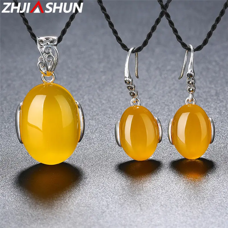 

ZHJIASHUN Yellow Chalcedony 925 Sterling Silver Jewelry Set Earrings Chains Necklaces for Ladies Women Wedding Birthday Gift