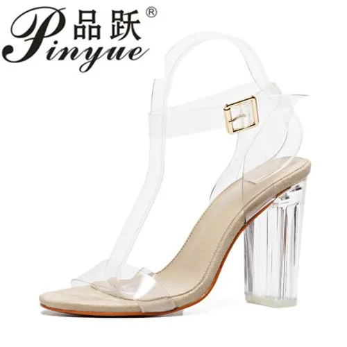 

2018 Jelly Sandals Open Toe High Heels Women Transparent Perspex Shoes Thick Heel Clear Sandals Plus Size35-43