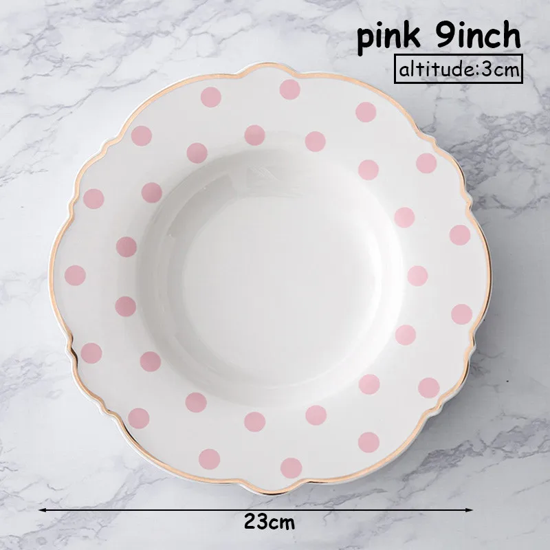 Тарелка с золотыми краями, поднос для стейка, тарелка для супа, набор посуды в горошек, обеденная тарелка в западном стиле, плоская форма цветка, посуда для завтрака, 1 шт - Цвет: Pink deep 9inch