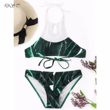 

Bikini Set Swimwear Women Sexy Bikinins Brazilian Swimsuit Leaf Print High Neck String Bathing Suit Biquini Beach Wear Tether