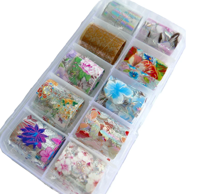 

10 Colors Nail art foil Needs Glue 10pc Assorted Holographic Flower Starry Nail Foil 10 Sheets For Nail Art ,Resin Crafts