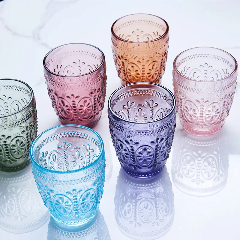 

2Pcs/Lot 300ML Multicolor Glass Cup Embossed Drinking Glasses Water Glass Cup Milk Juice Wine Tumblers for Party Bar Glassware