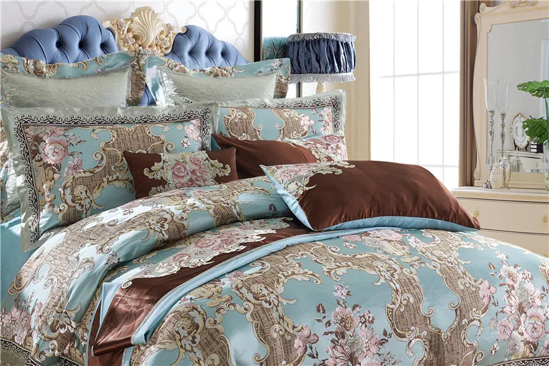Rey/reina tamaño azul lujo satén juegos de cama Queen King Size algodón sábana funda nórdica cama juego de cama literie Rey/reina tamaño azul lujo satén juegos de cama Queen King Size algodón sábana funda nórdica cama juego de cama literie