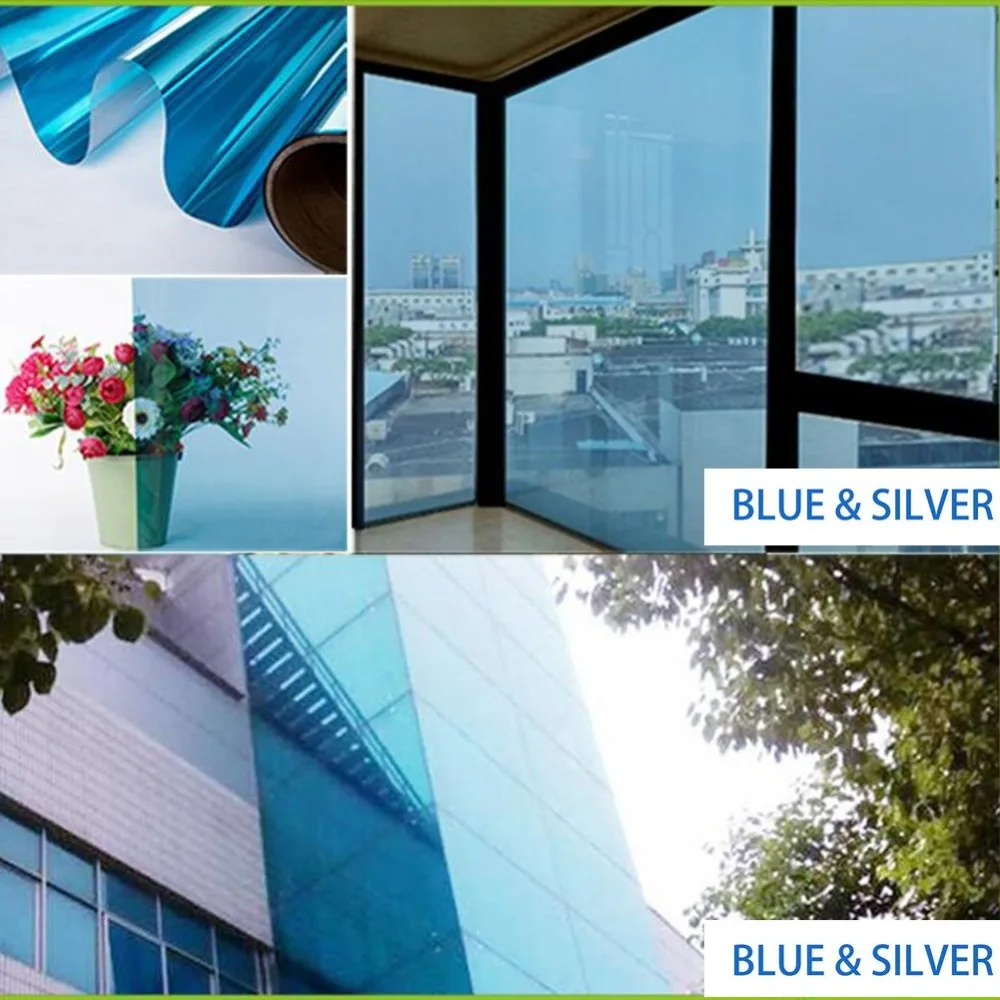 Blue/&Silver Mirrored Window Film One way Home tint UV Proof Glass Reflective