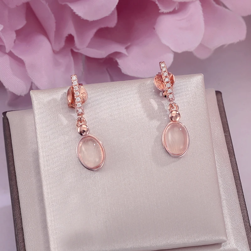 

Fine Jewelry S925 Sterling Silver Drop Earrings For Women 100% Natural Gemstone Pink Rose Quartz Oval Wedding Brincos CCEI006