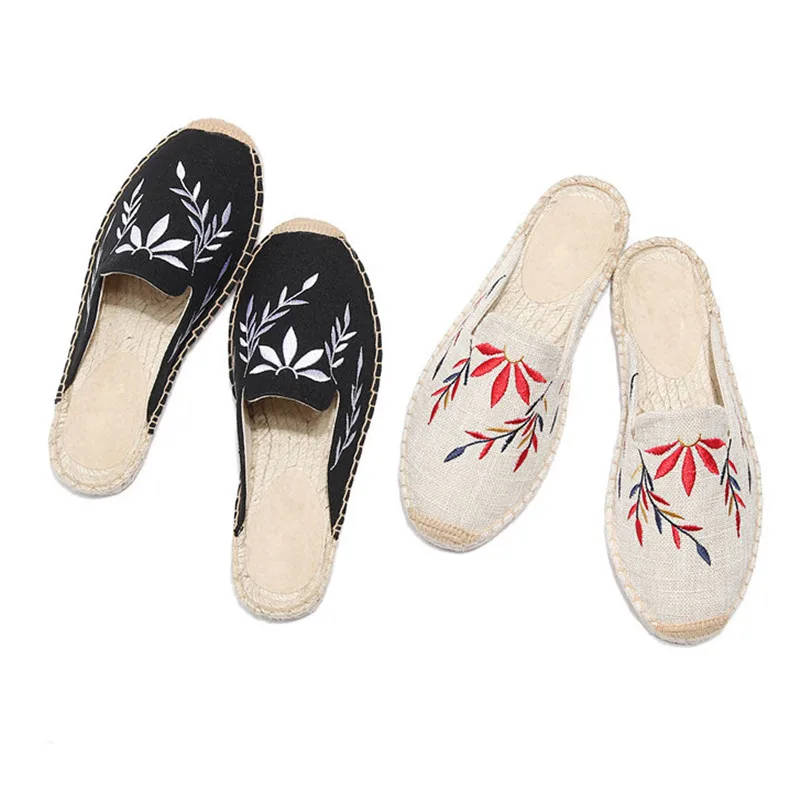 2019 Summer Women Half Slippers Embroidery Maple Leaf Cats Slide Flat Bottom Hemp Rope Weaving Fisherman Shoes Women Espadrilles (19)