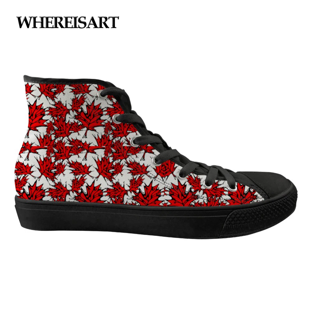

WHEREISART 3D Maple Leaves Printed Flats High Top Female Shoes Spring Fashion Girls Comfortable Lace Up Vulcanized Shoes Woman