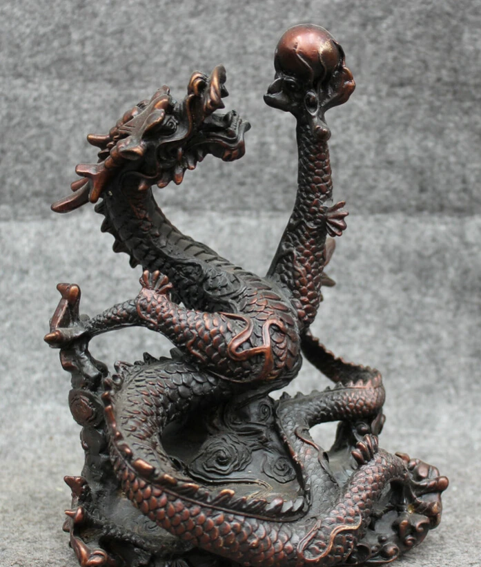 

S3386 Chinese Pure Bronze Buddhism FengShui Myth Wealth Zodiac Fly Dragon Ball Statue D0317