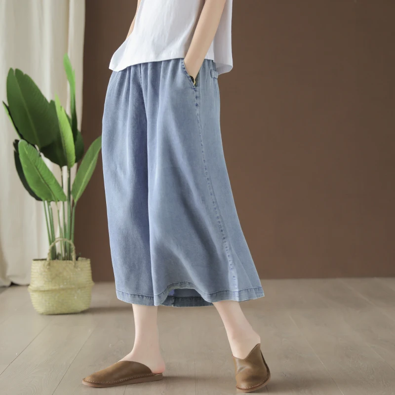 Свободные Tencel широкие брюки джинсы длиной до щиколотки Модные женские повседневные джинсовые хлопковые летние новые женские джинсы