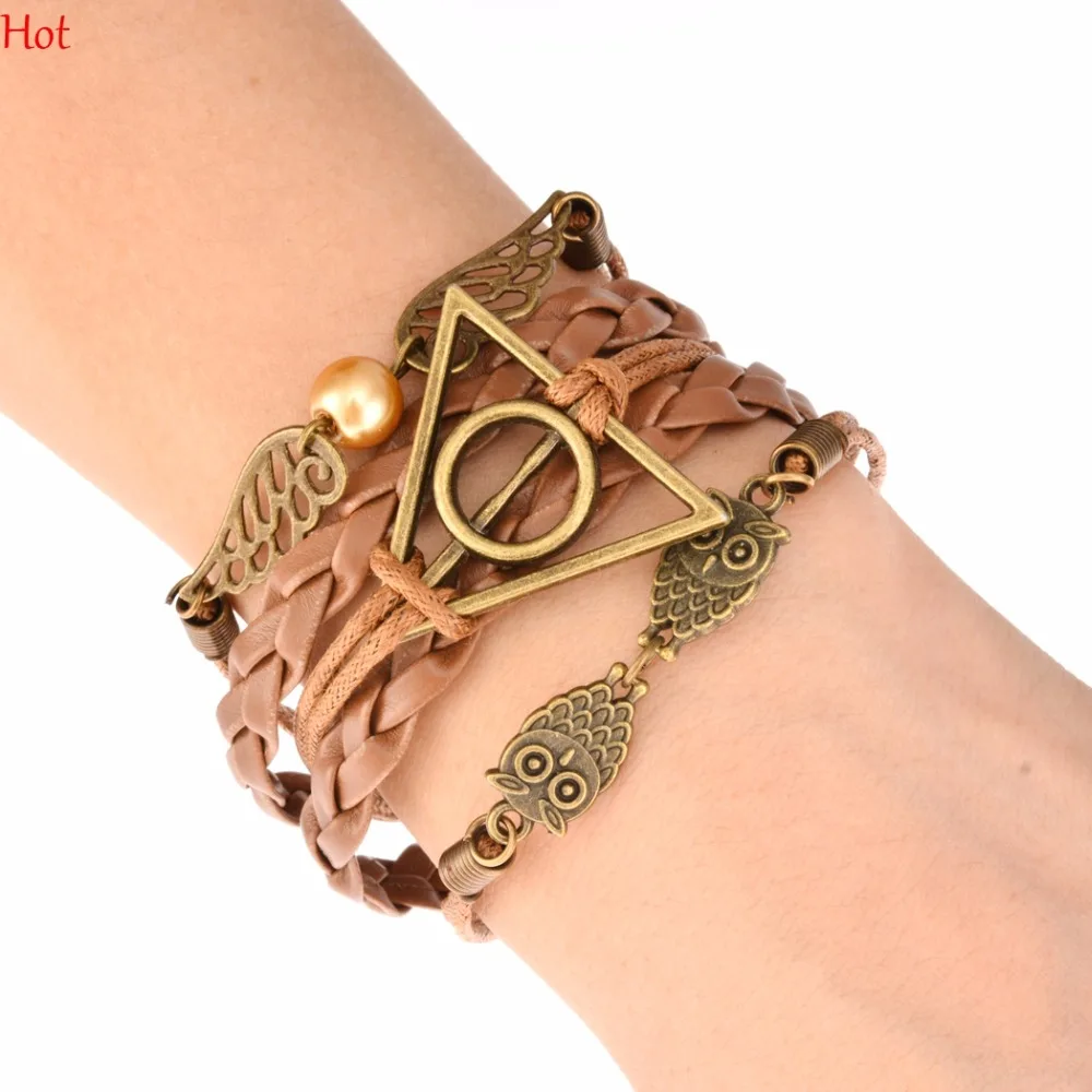 

Knitted Bracelet Vintage Style Fashion Jewelry Leather Multilayer Bracelets Retro Peal Wing Owl Bracelets Bangle Pulseira 19514