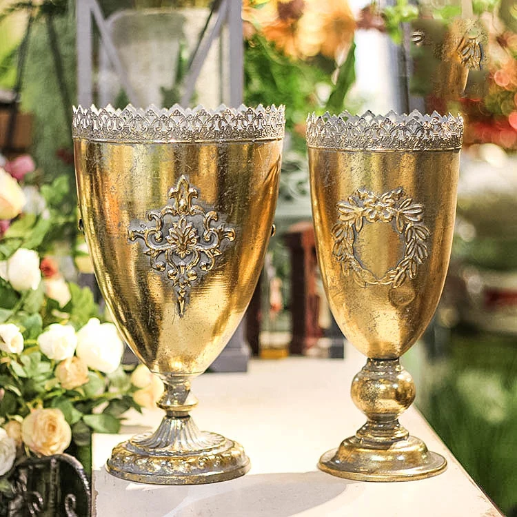 Classical Handcraft Goblet Flower Vintage Vase Wrought Iron Gold