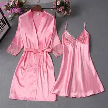 Милая шелковая женская ночная рубашка, набор халатов, лето, 2 шт, кимоно, халаты, ночная рубашка, атласная пижама, костюм, сексуальное белье, ночная рубашка