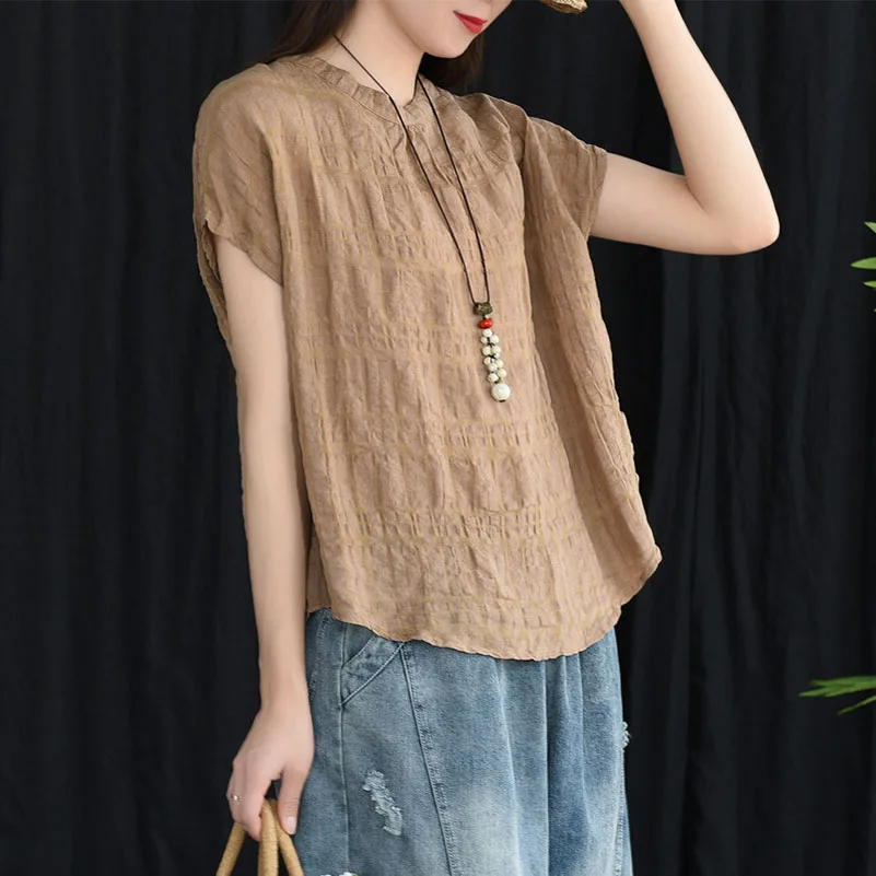 

QPFJQD Summer Loose Tops Women'S Linen Blouse 2019 Elegant Pleated Blusas Female Stand Collar Vintage Shirts Tunic Short Sleeve