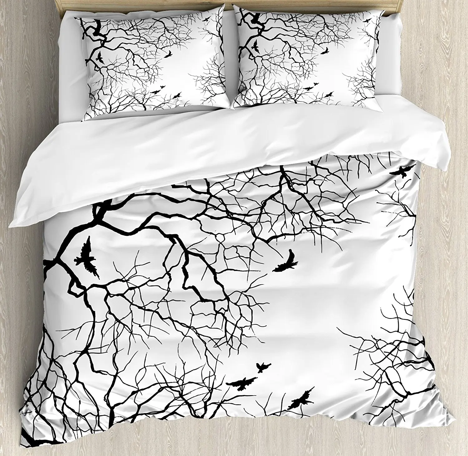 

Nature Decor Duvet Cover Set Birds Flying over Twiggy Tree Branches Stylish Autumn Season Sky View Art Bedding Set Black White
