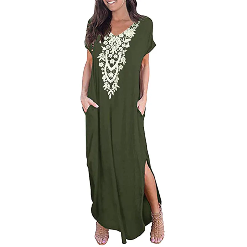 Женское летнее платье, модное сексуальное платье, женское платье без рукавов с круглым вырезом, повседневное, с принтом, длина до пола, элегантное, для вечеринки, Сарафан Vestidos - Цвет: Green
