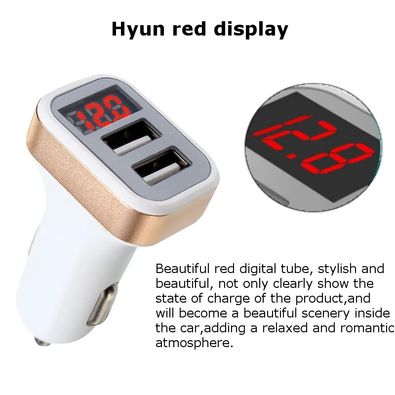 Car Charger Digital Display Dual Port USB Adapter 2.1A Double Type C For Samsung Mobile Phone Fast Charging