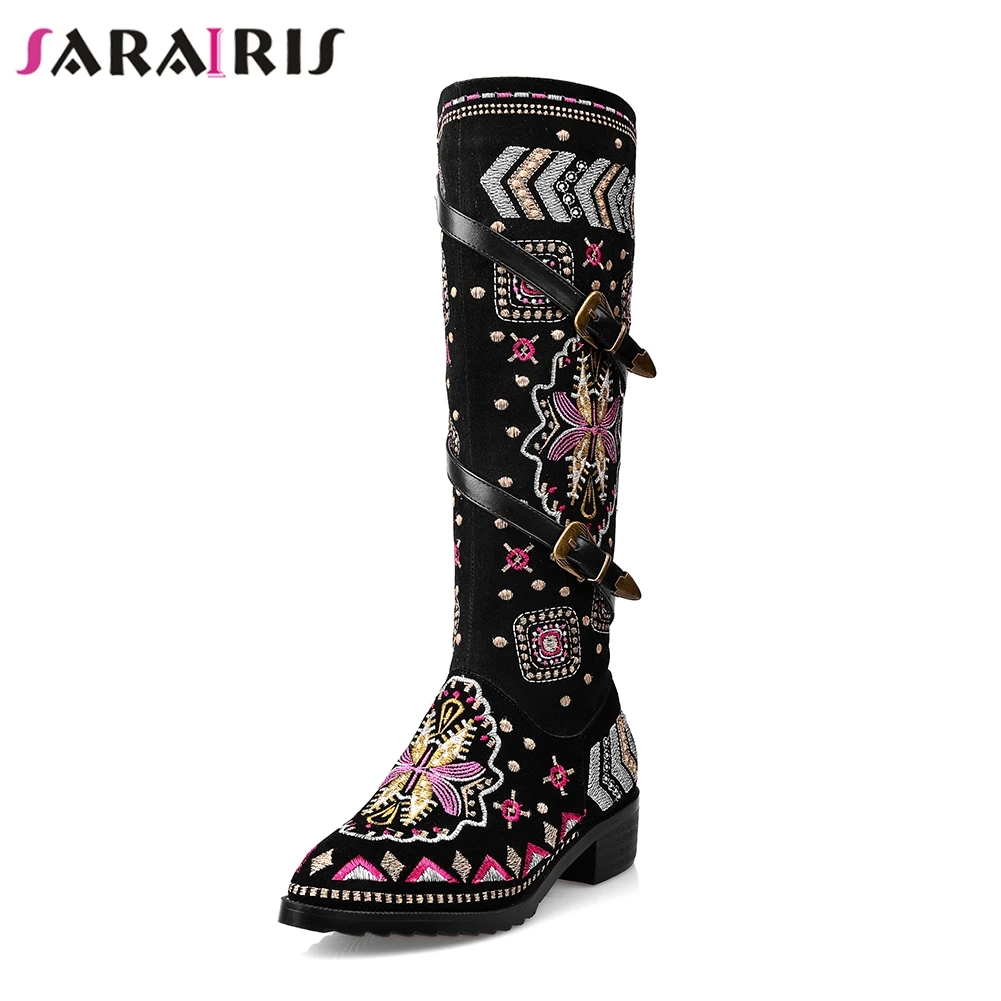 

SARAIRIS 2018 New Zip Mixed Colors Shoes Woman Fashion Autumn Wwinter Ethnic Style Mid-Calf Boots Big Size 33-46